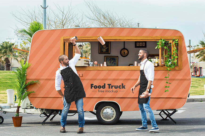 Download Food truck with two bartenders free PSD mockup | WOWLayers.com