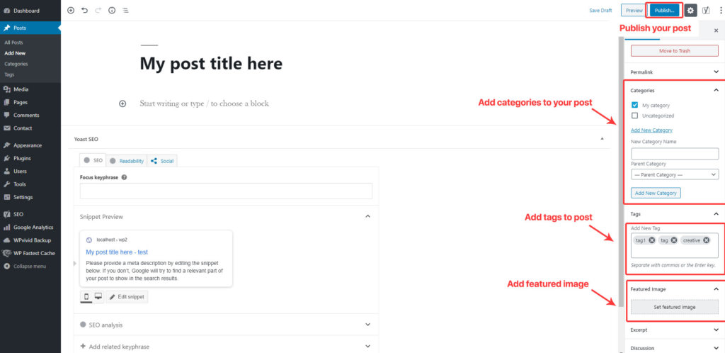 how to add categories and tags to wordpress post and publish it
