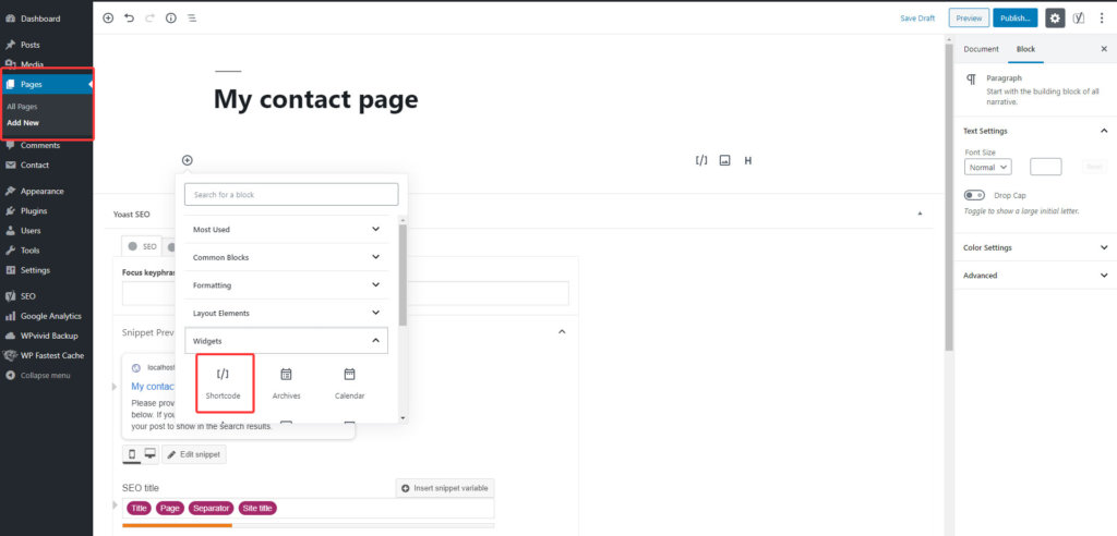 how to add contact form in wordpress page