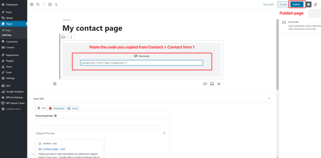 publish contact page in wordpress
